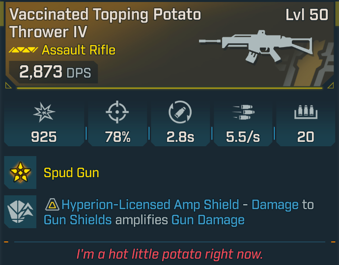 Potato thrower legendary weapon tooltip