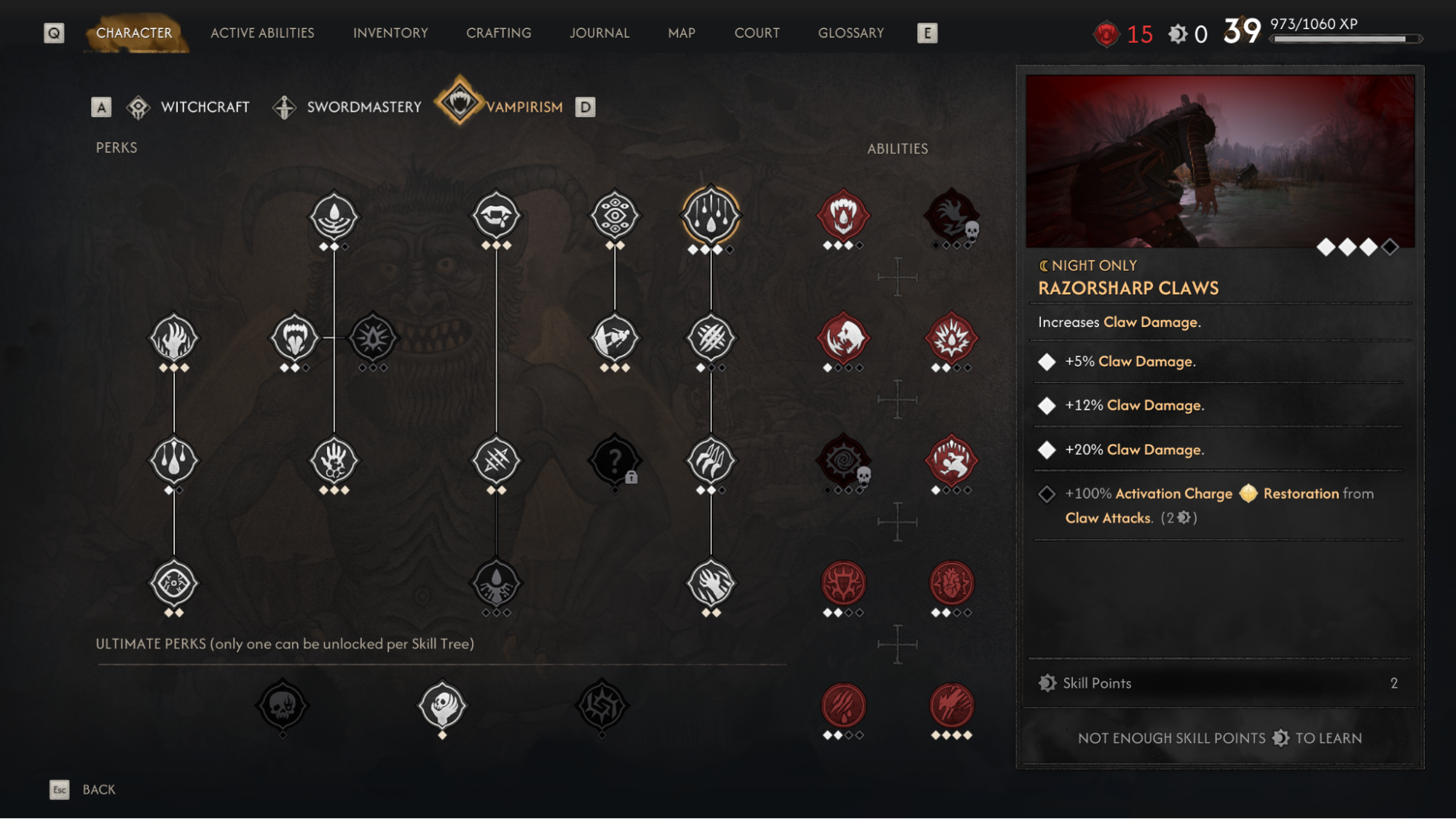 Screenshot of Dawnwalker's Vampirism Skill Tree