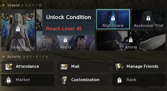 Menu Showing Level Gated Activities