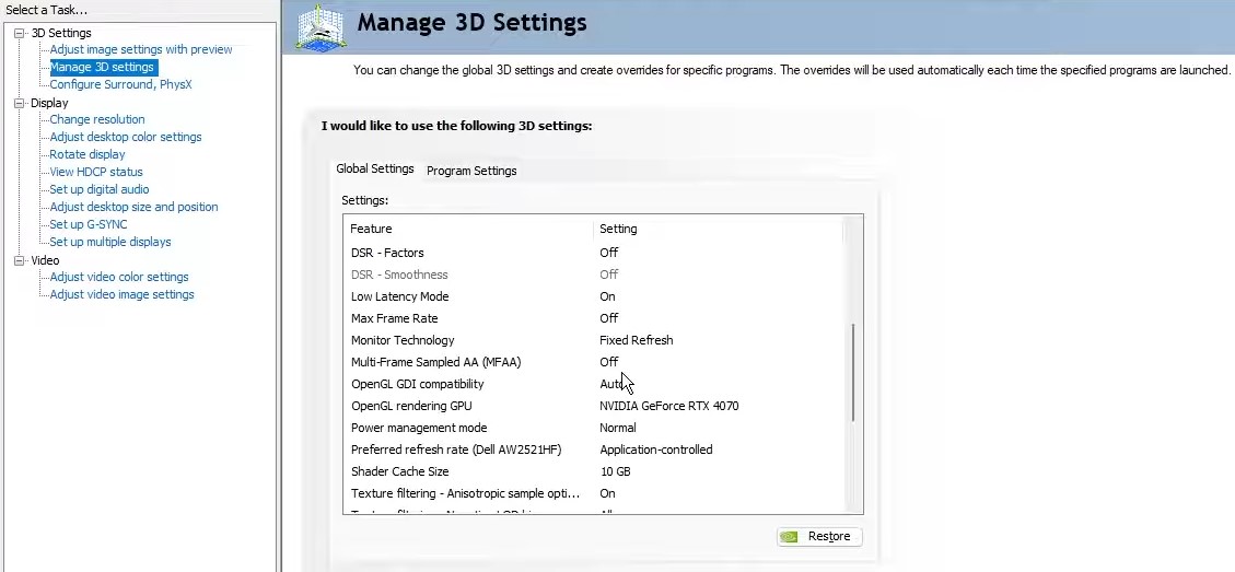 manage 3d settings