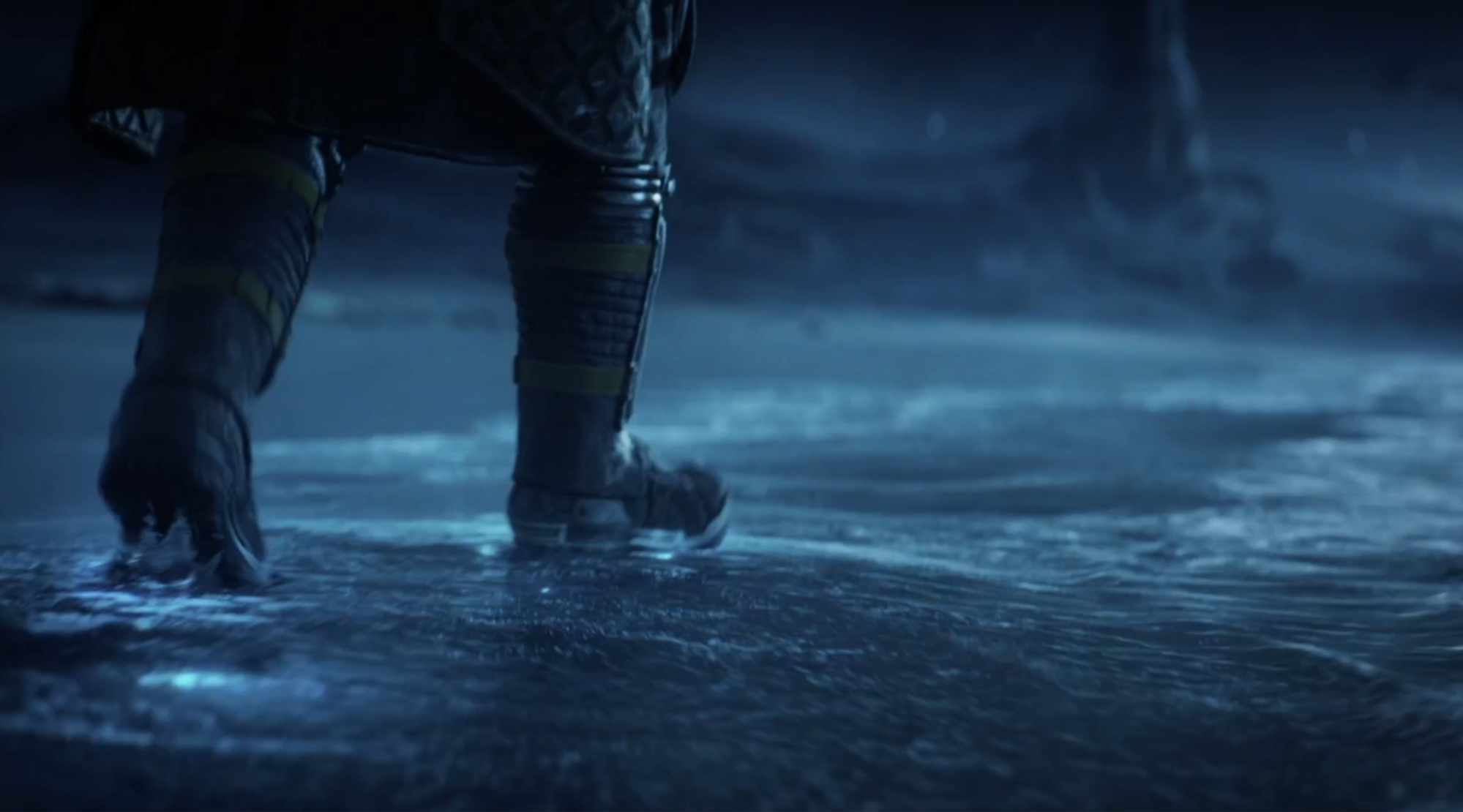 Screenshot from opening cinematic. Arjun walking along a shore