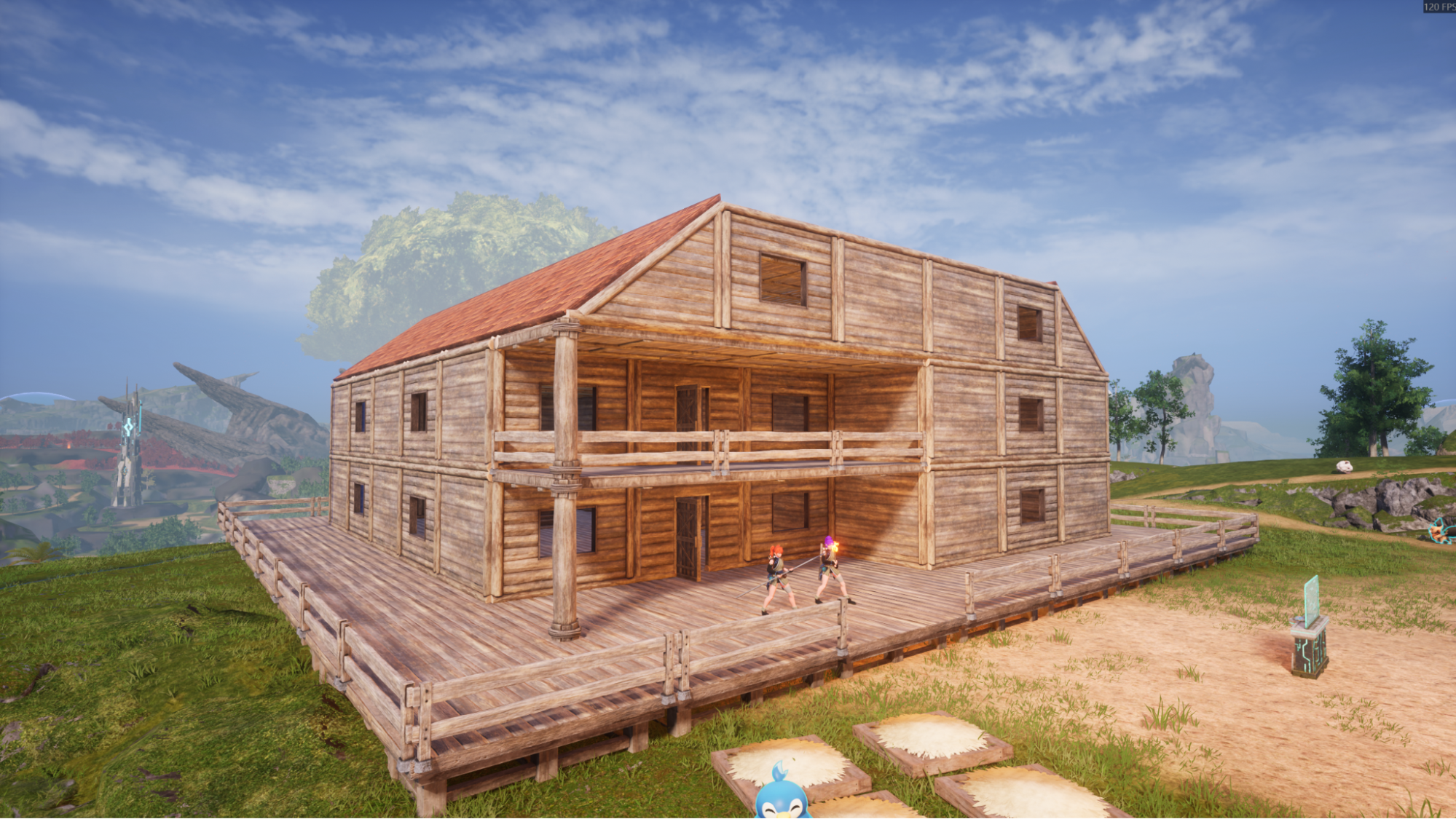 Two players outside a house