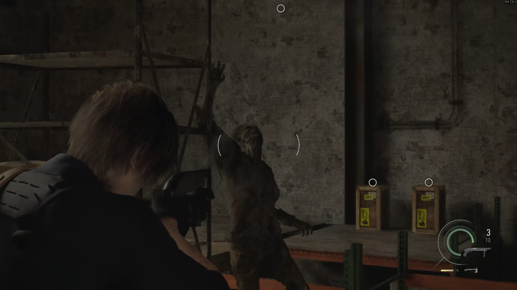 Leon aiming a shotgun at a lunging enemy